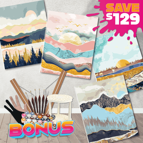 Paint By Numbers Starter Bundle - Abstract Mountain Side Sunrise