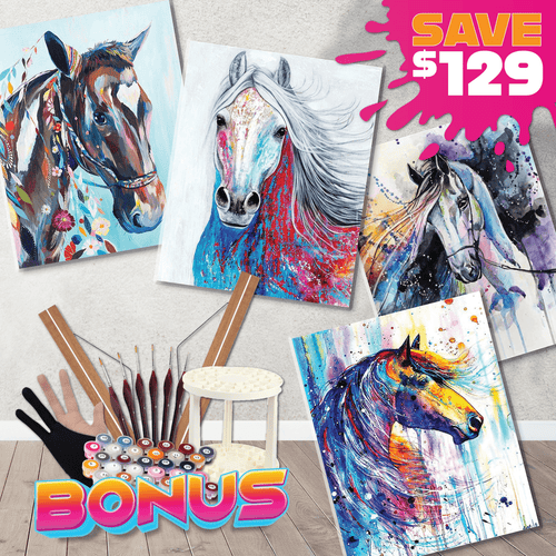 Paint By Numbers Starter Bundle - Paint Splatter Colourful Horses