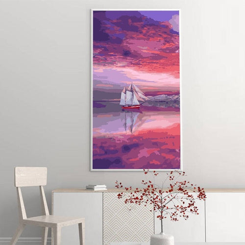 Panoramic Paint By Numbers Kit - Twilight Pink Purple Sailing Boat