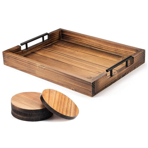 Wooden Serving Tray With Handle BONUS Set Of 4 Natural Wooden Coasters