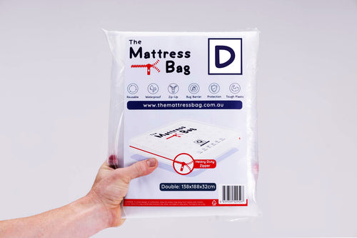 man holding the double mattress bag packaging up with white background