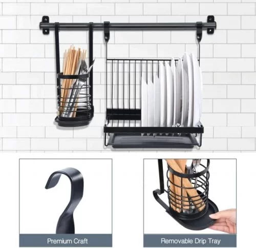 JUNYUAN junyuan hanging dish drying rack wall mount with utensil holder,  kitchen dishes plate shelf organizers with removable drain b