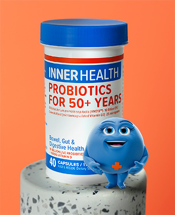 Inner Health Blue Bug smiling next to Inner Health Probiotics For 50+ Years 40 Capsules