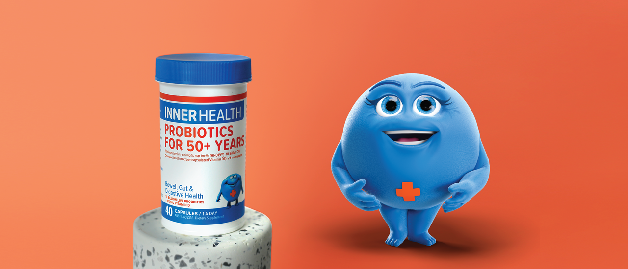 Inner Health Blue Bug smiling next to Inner Health Probiotics For 50+ Years 40 Capsules