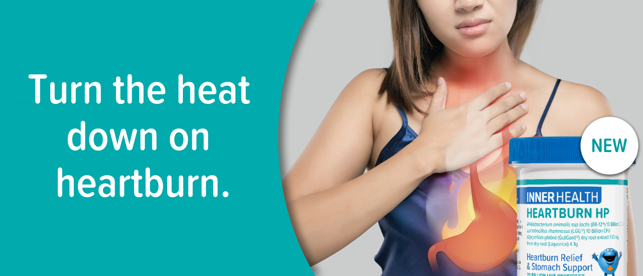Turn the heat down on heartburn. New: Inner Health Heartburn HP | Hearburn Relief and Stomach Support