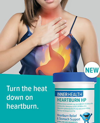 Turn the heat down on heartburn. New: Inner Health Heartburn HP | Hearburn Relief and Stomach Support