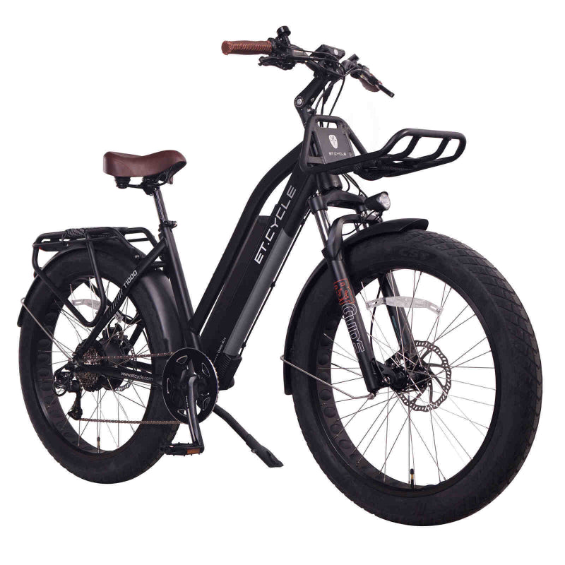 ET Cycle T1000 fat tyre eBike in black, front right side view