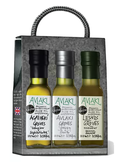 Triplet set of organic Greek olive oil samples for tasting