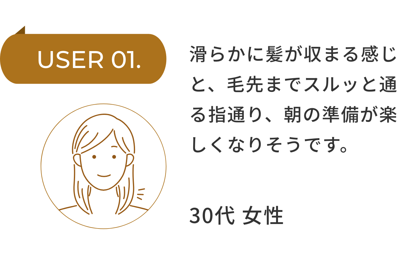 USER 01. 滑らかに髪が収まる感じと、毛先までスルッと通る指通り、朝の準備が楽しくなりそうです。20代 女性