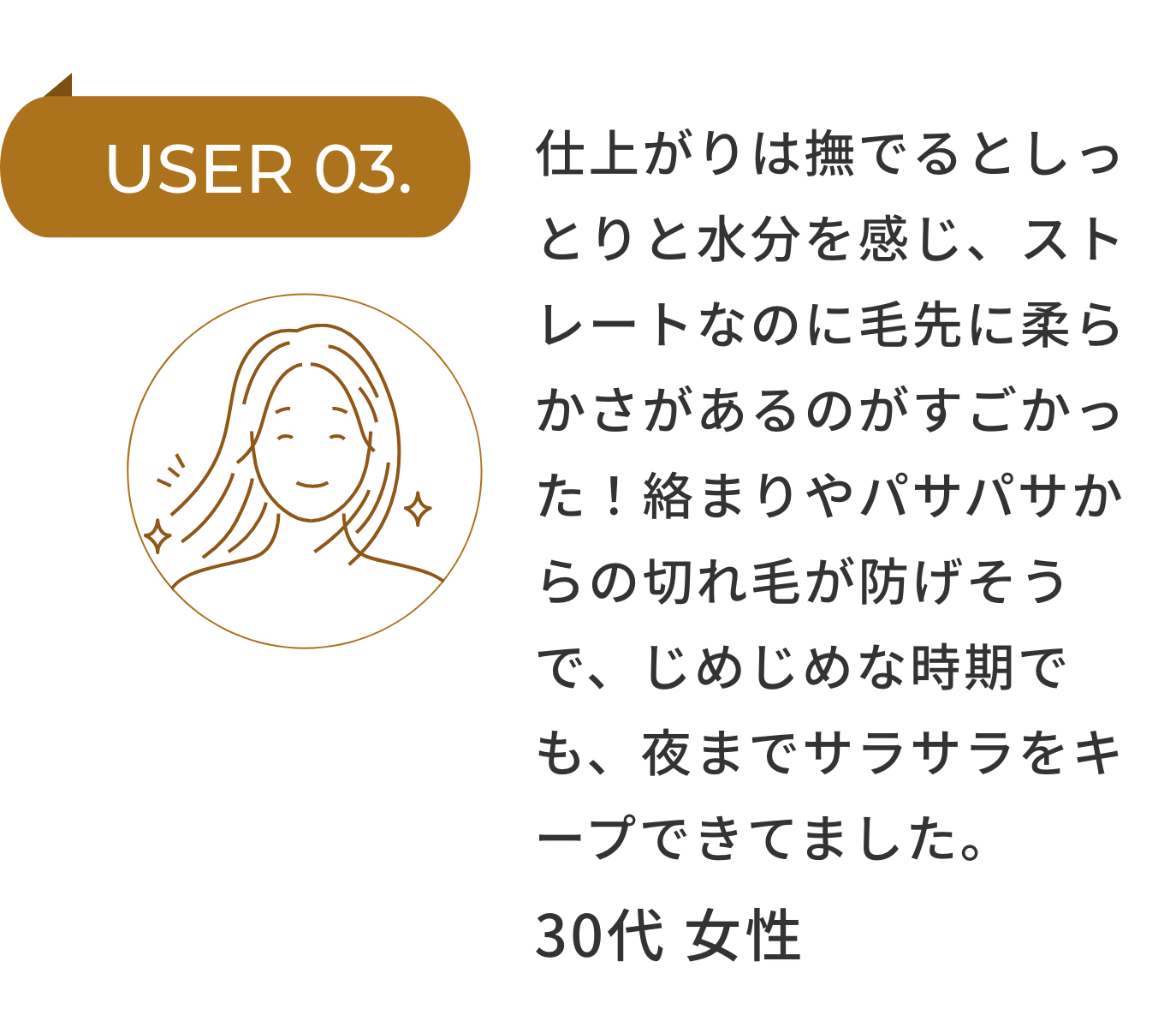 USER 03.仕上がりは撫でるとしっとりと水分を感じ、ストレートなのに毛先に柔らかさがあるのがすごかった！絡まりやパサパサからの切れ毛が防げそうで、じめじめな時期でも、夜までサラサラをキープできてました。 30代 女性