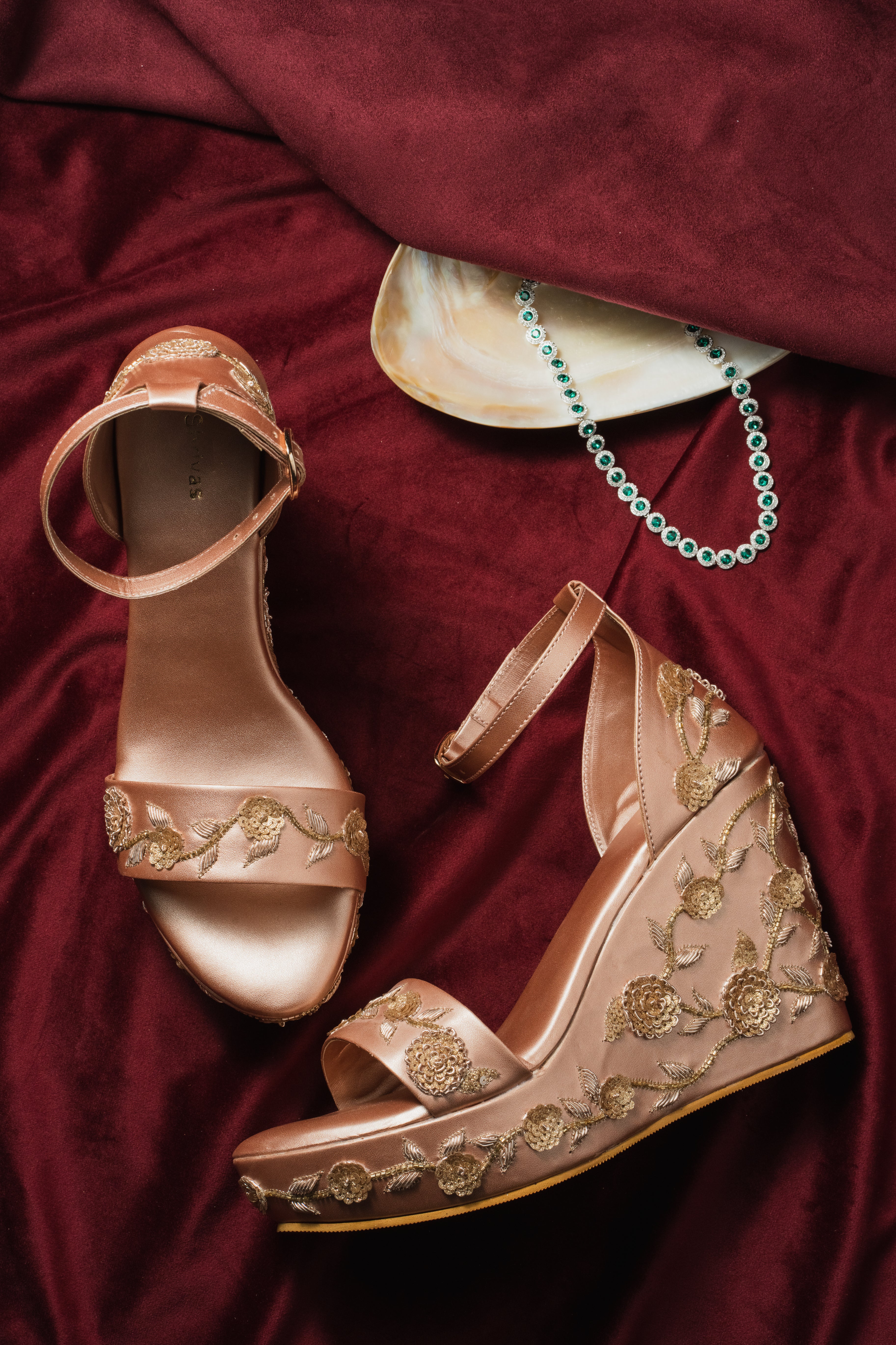 Buy Beige Embroidered Floral Wedges by Sole House Online at Aza Fashions.