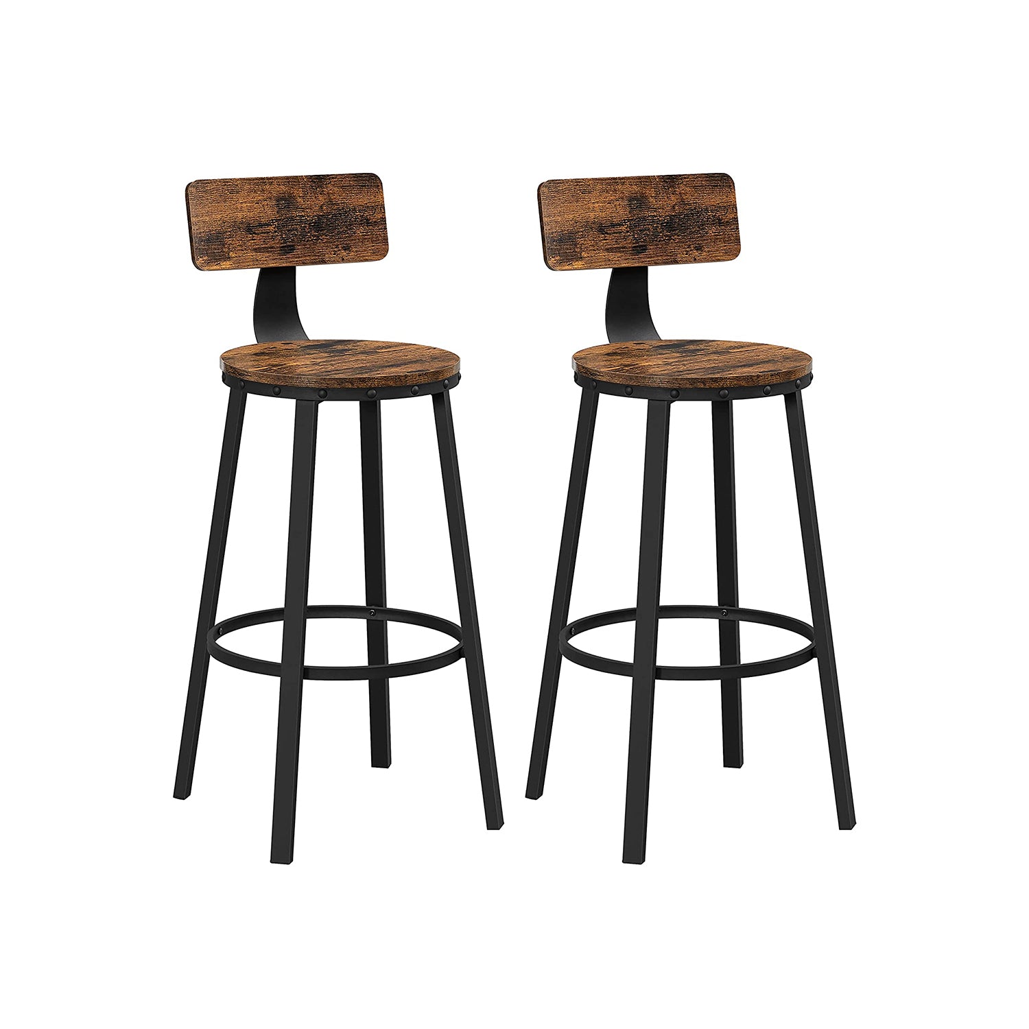 Set of 2 Bar Stools with Backrests, 76.2 cm Tall, Rustic Brown + Black / 2