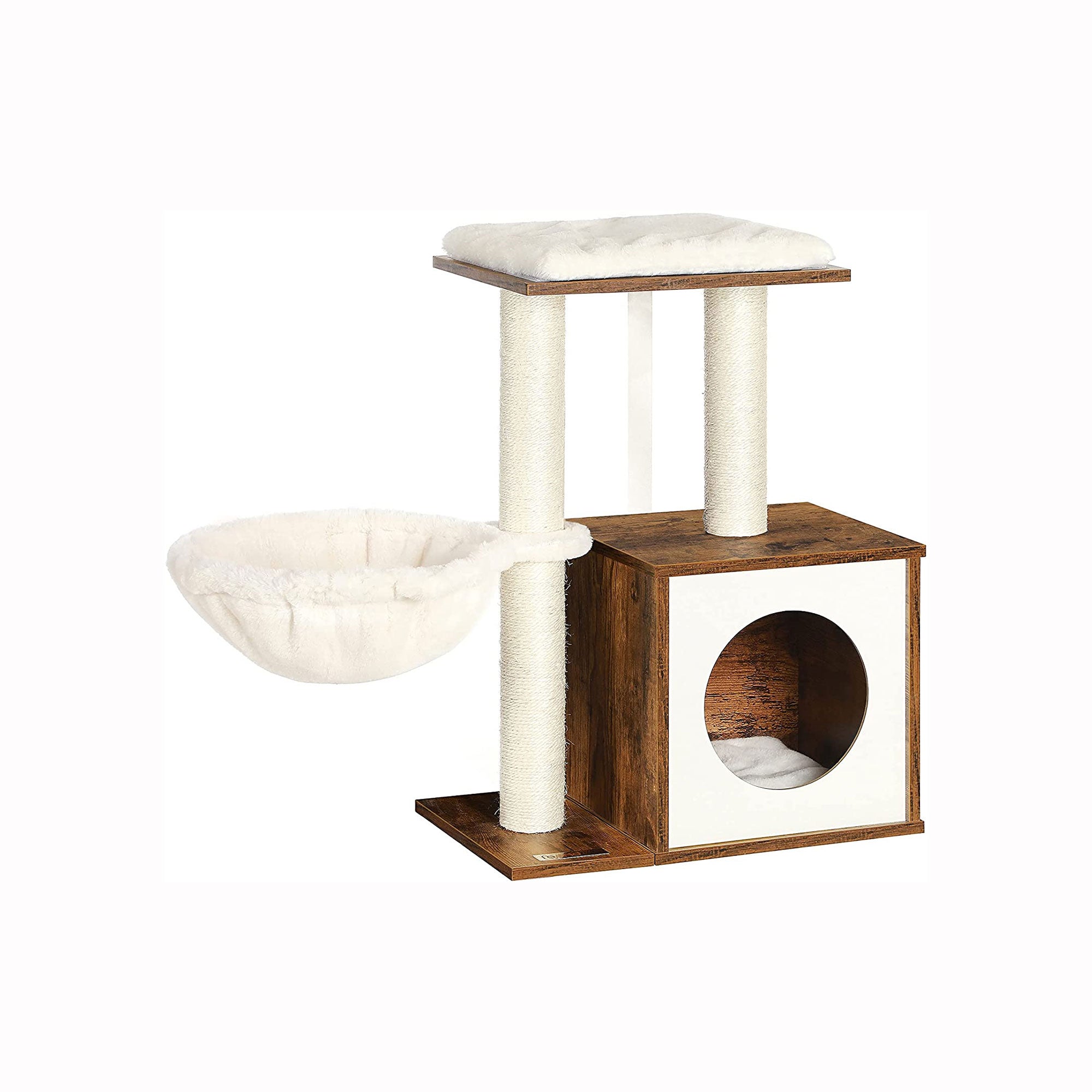 Image of Feandrea Cat Tree, Wooden Cat Condo, Removable Cushions, Rustic Brown PCT122X01