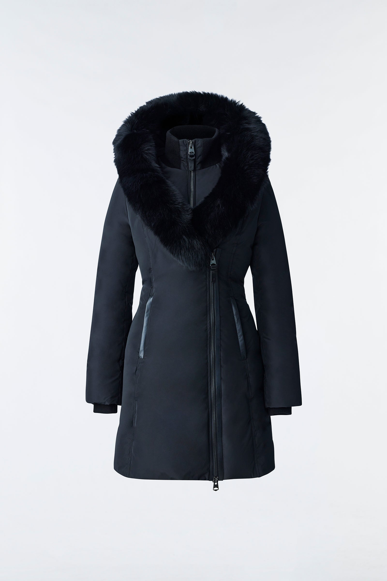 Calla, Agile-360 stretch light down coat with blue fox fur collar 