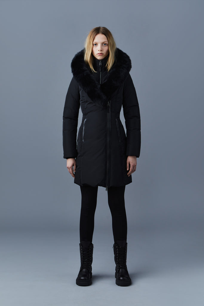Calla, Agile-360 stretch light down coat with blue fox fur collar