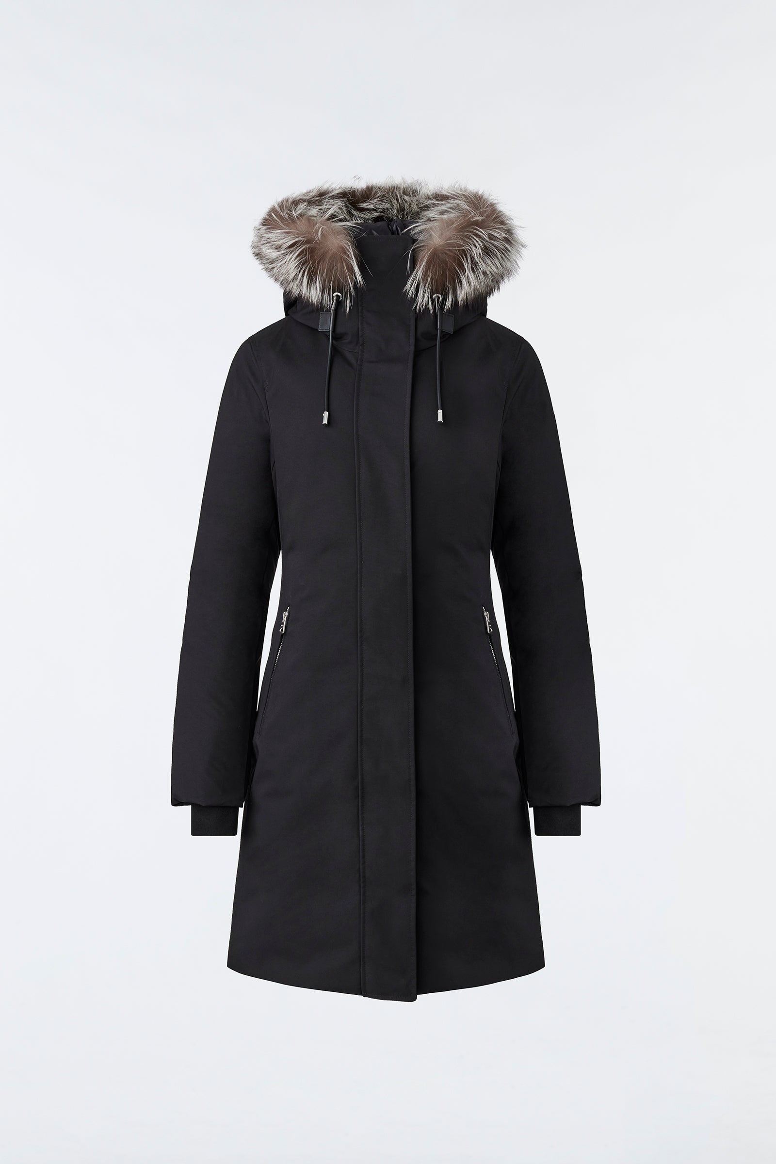 Calla, Agile-360 stretch light down coat with blue fox fur collar 