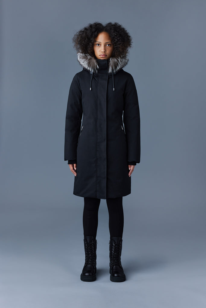 Calla, Agile-360 stretch light down coat with blue fox fur collar for 