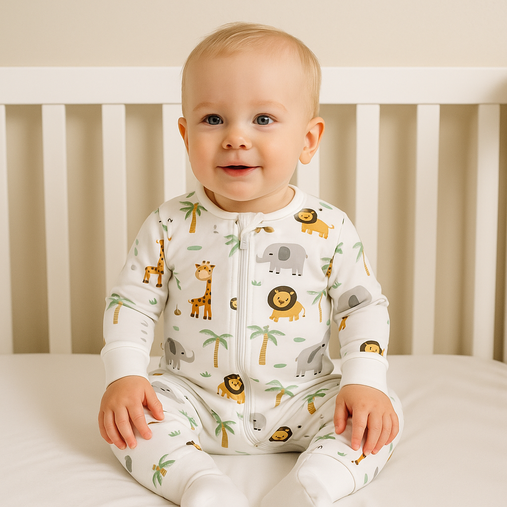 Pijamale lungi din bambus - model slimfit, Happy Zoo, Alb, pentru baietei