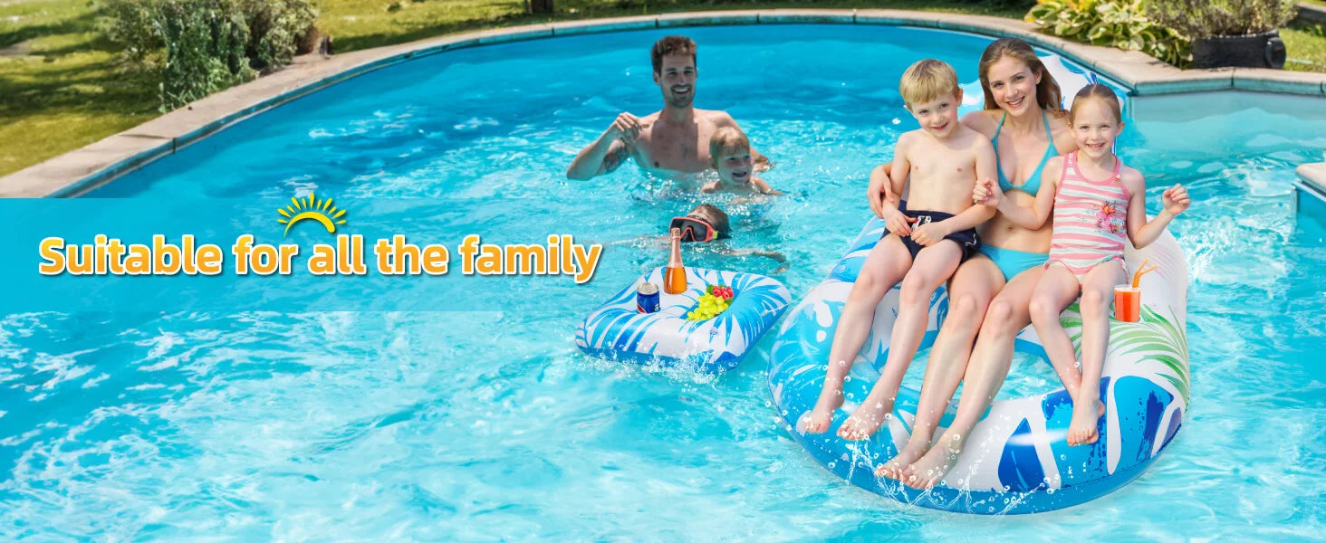 A family enjoying a sunny day in the swimming pool on a large inflatable pool float with a protective sun canopy.