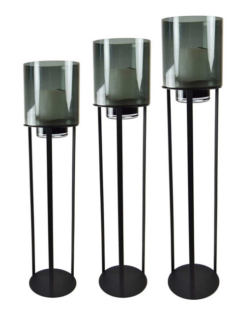 Woordenlijst Communistisch Lang Luxe windlichten set van 3 met open frame in mat zwart met smoke glas –  louwinterior