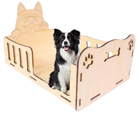 A cute wooden dog bed