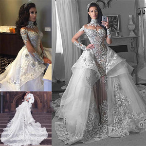 Runhufu High-Neck Appliques Detachable-Train Wedding Dress Long Sleeves Glamorous Wedding Dresses Luxury Mermaid Bridal Gowns - Runhufu