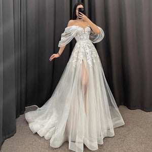 Runhufu A-Line Wedding Dresses 2024 Women V-Neck Short Sleeves Long Bride Dress Sweep Train Lace Applique Custom Occasion Gowns - Runhufu