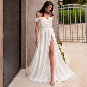 Runhufu Off Shoulder Pleated Wedding Dresses with Side Split Backless A-line Court Bridal Gown vestido de novia - Runhufu