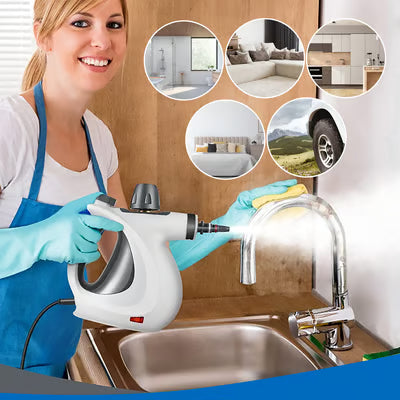 Handheld steam cleaner removing grime from the kitchen sink