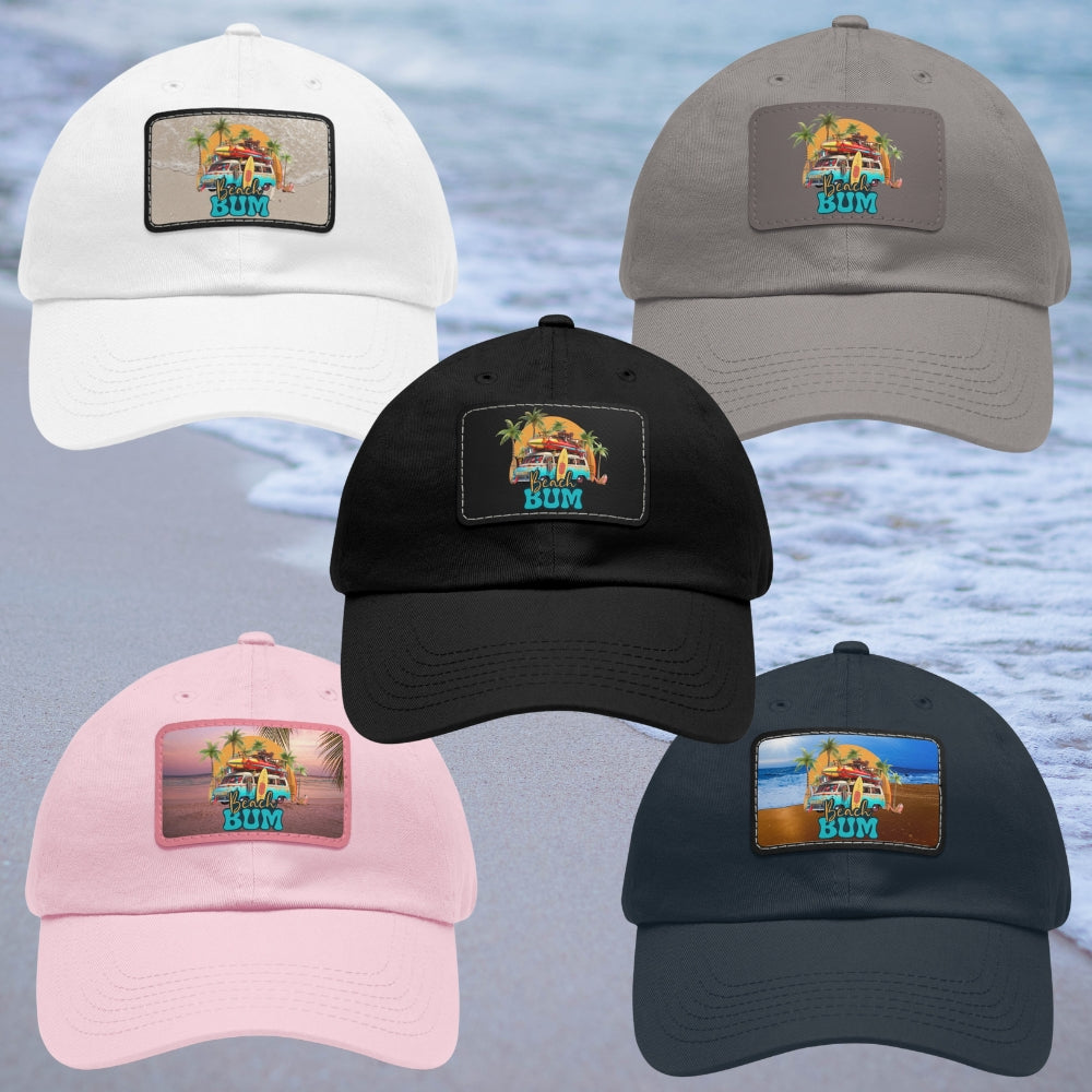 Display of white, gray, black, navy and pink hat with leather patch that says beach bum with a beach van, surfboards, palm trees and sun.