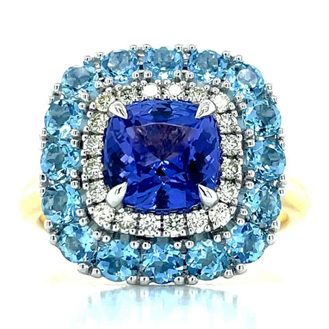 9K B/TN 1.51CT CUSHION TANZANITE, AQUAMARINES & DIAMONDS CLUSTER RING