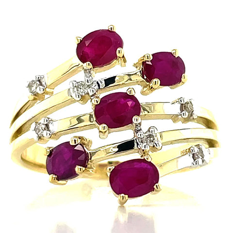 9K YELLOW GOLD 5 RUBIES=1.30CT & DIAMONDS RING