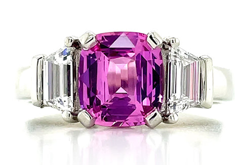 'ELLA' PLATINUM 2.03CT CUSHION PINK SAPPHIRE & TRAPEZOID DIAMONDS RING