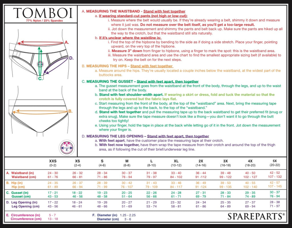 Spareparts Tomboi Harness Briefs size chart and instructions