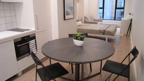 Collapsible dining table with Murphy bed open in the background