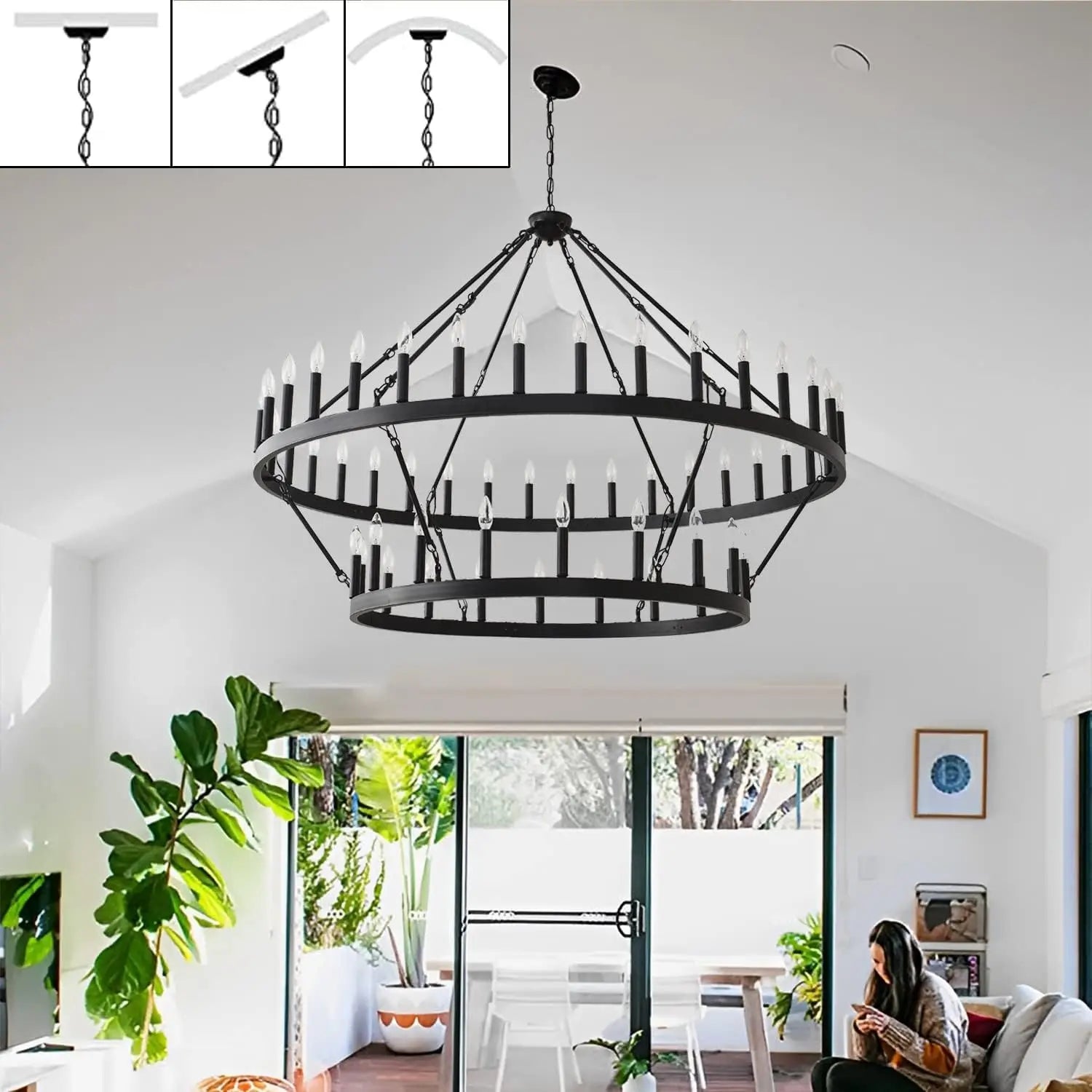 2 Tier 60 Inch Large Wagon Wheel Chandelier Farmhouse,54-Light Black - Image 3