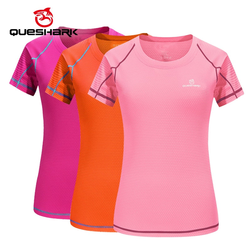 QUESHARK Women Quick Dry Short Sleeve Sports Running T Shirt Breathable Slim Tops Yoga T-shirts Tees Fitness Gym Workout Shirts