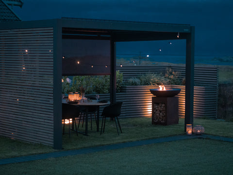 pergola with walls and screen partially lowered for shade or lack of insight