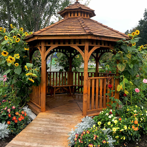 wooden gazebo in garden surrounded by sunflowers and rainy weather