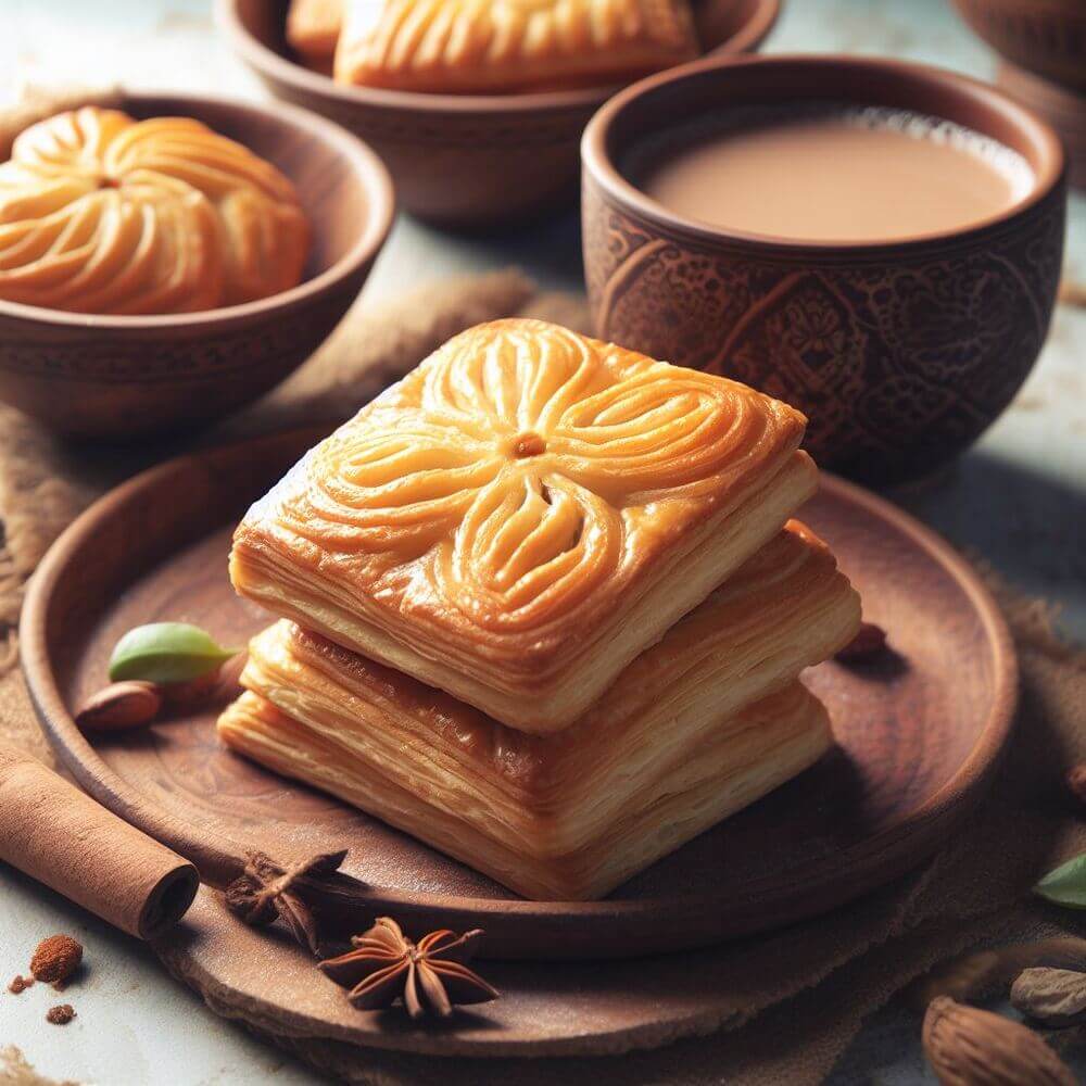 In picture is Khari biscuit- a light and flaky puff pastry biscuit enjoyed in Indian households, often paired with chai