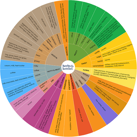 Tea Flavor Wheel -  fundamental aromas and flavor with sub and sub-sub categories.