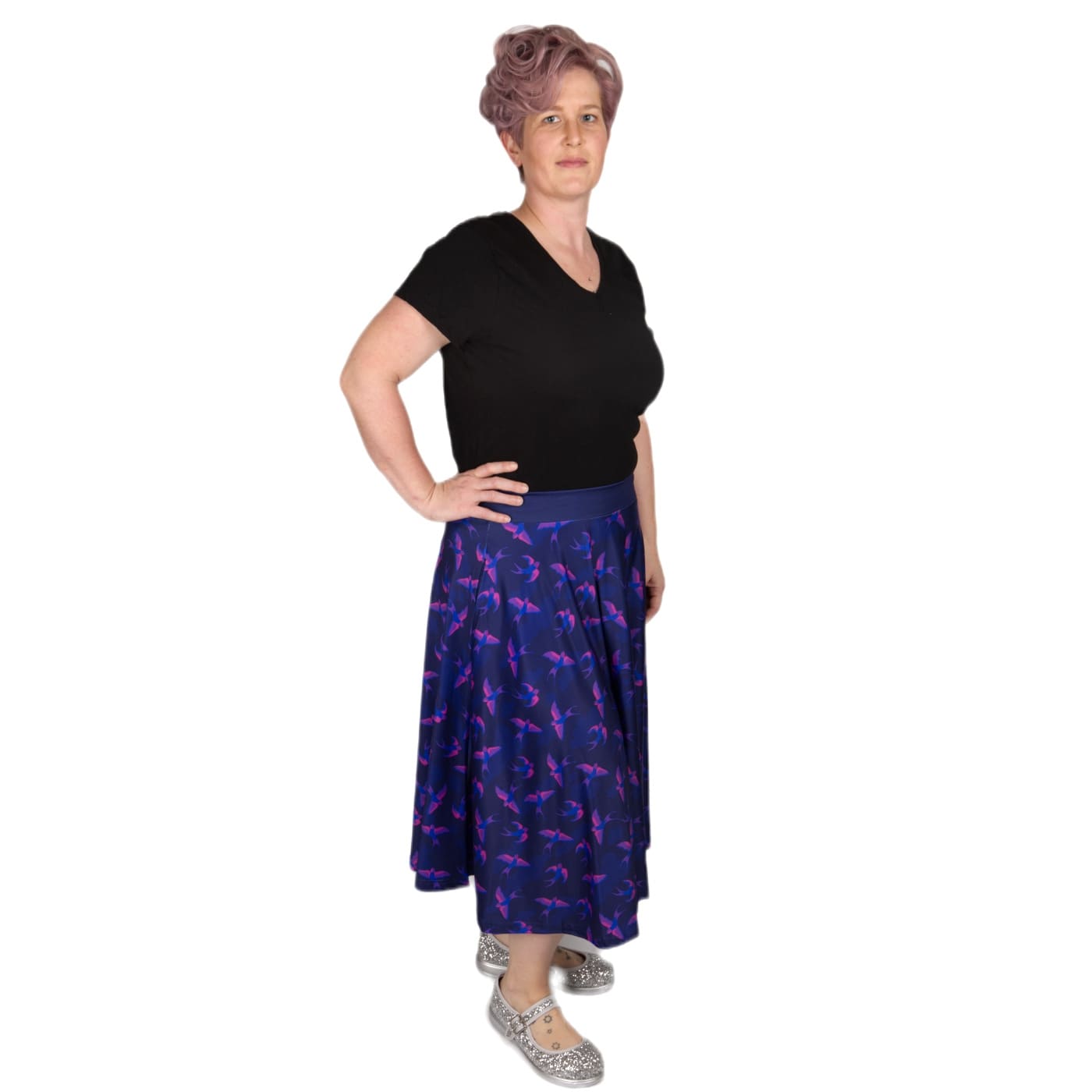 Swoop Swishy Skirt by RainbowsAndFairies.com.au (Swallows - Birds - Purple - Blue - Vintage Inspired - Kitsch - Skirt With Pockets - Circle Skirt) - SKU: CL_SWISH_SWOOP_ORG - Pic-06