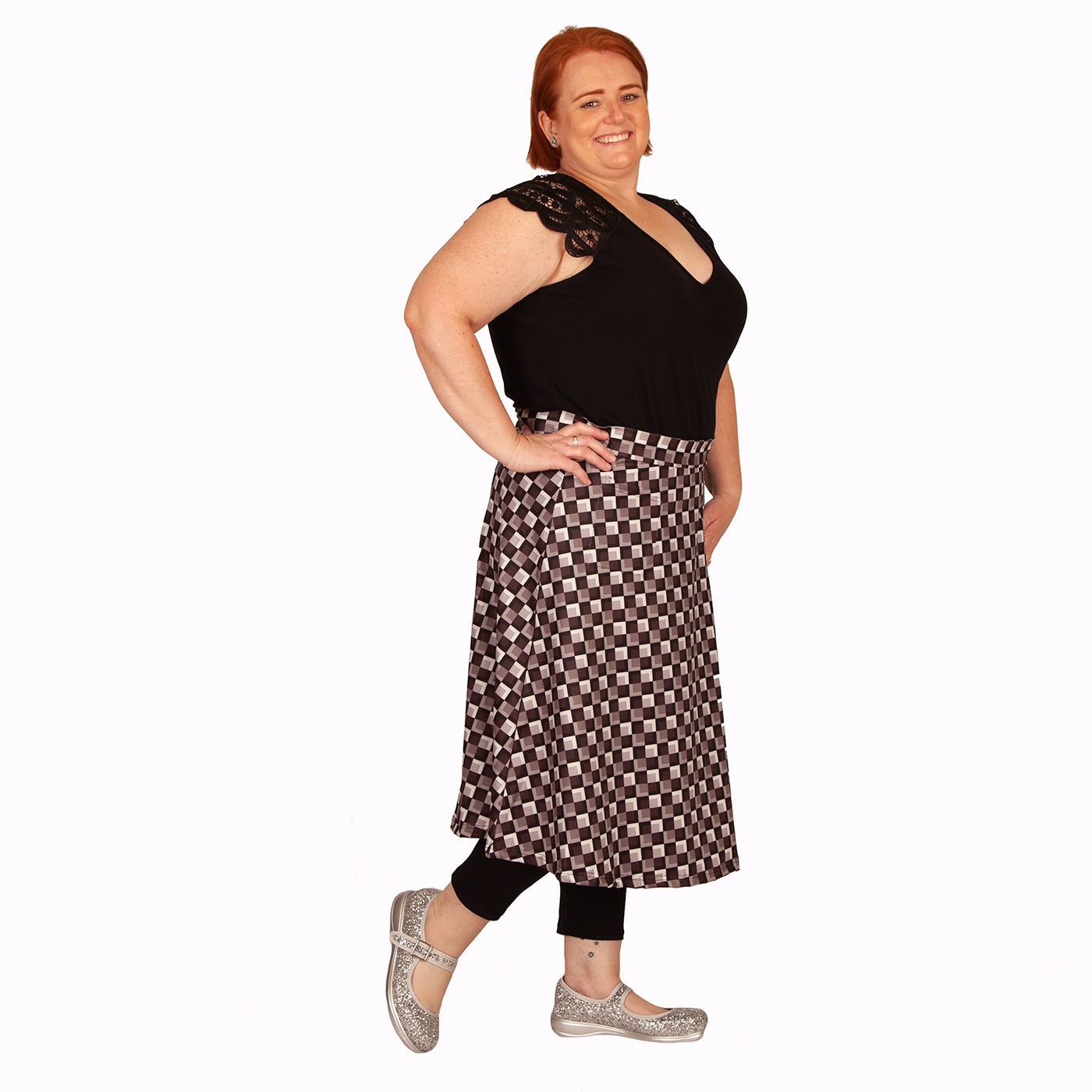Too Square Original Skirt by RainbowsAndFairies.com (Black White Grey Check - Monochrome - Stripes - Skirt With Pockets - Aline Skirt - Vintage Inspired - Rock & Roll) - SKU: CL_OSKRT_TOOSQ_ORG - Pic 06