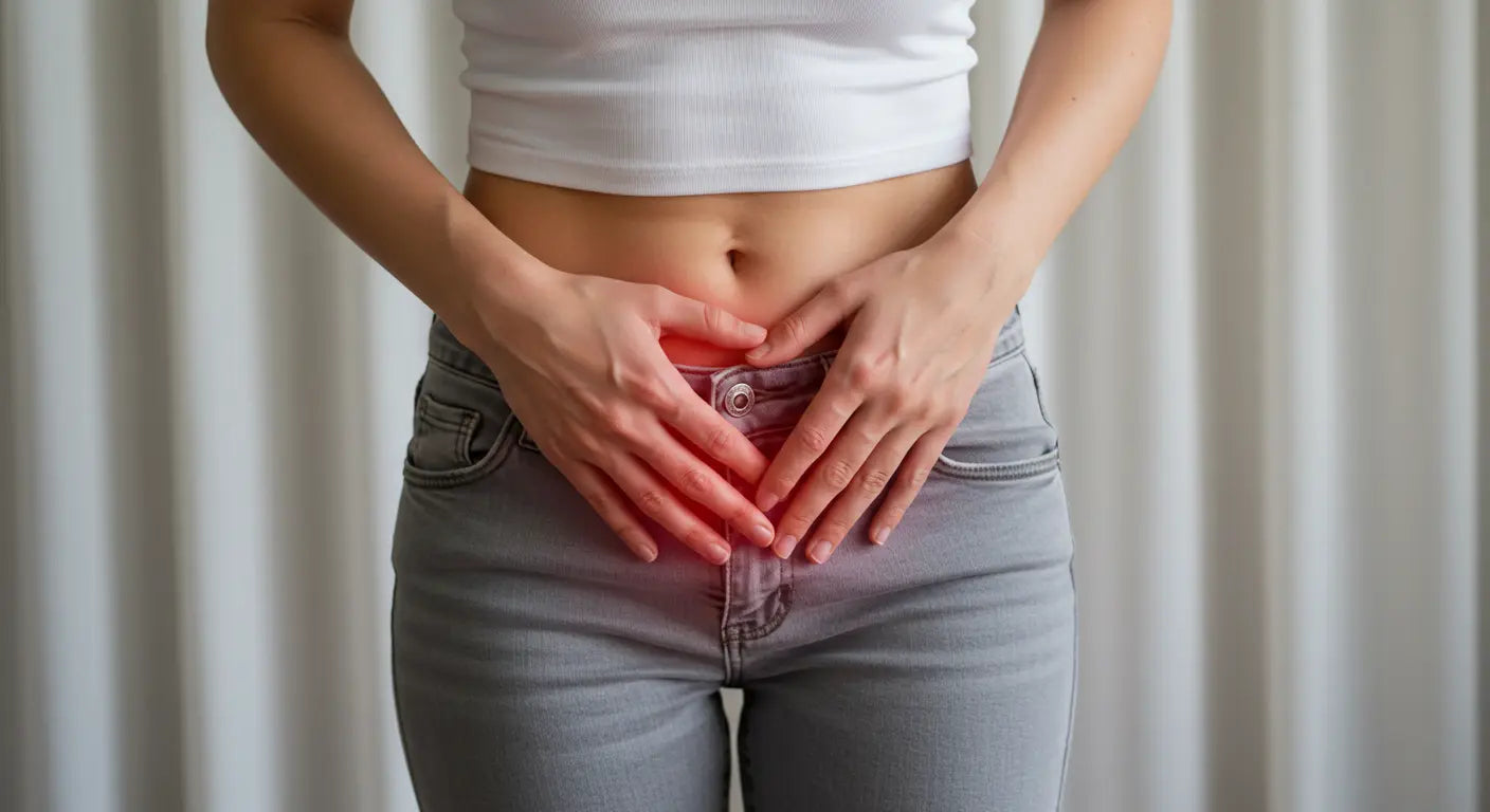 Mulher com expressão de desconforto ou dor, possível sintoma de coceira ou incômodo vaginal.