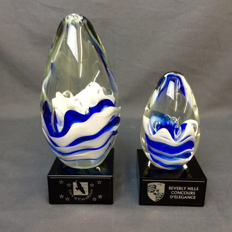 Clear / Blue Glass Art Eggs on Black Marble Base - AndersonTrophy.com
