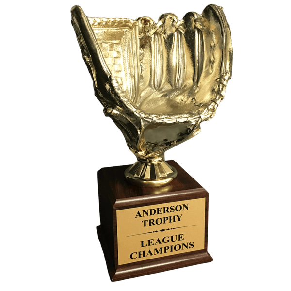 Gold Champions Volleyball Trophy on Woodgrain Finish Base