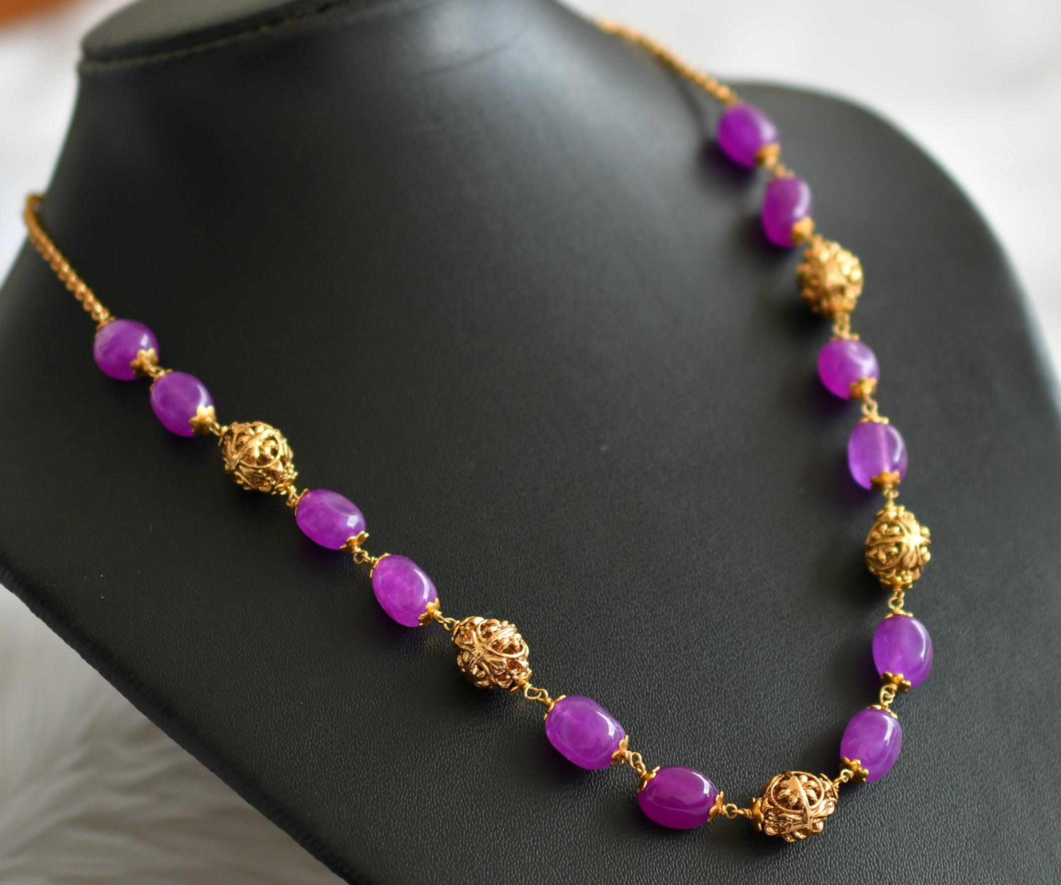 Natural Beauty Purple Turquoise Necklace Featuring 3 Strands Of Over 200  Beads With A Generously Sized Pear-Shaped Center Stone & Button Closure
