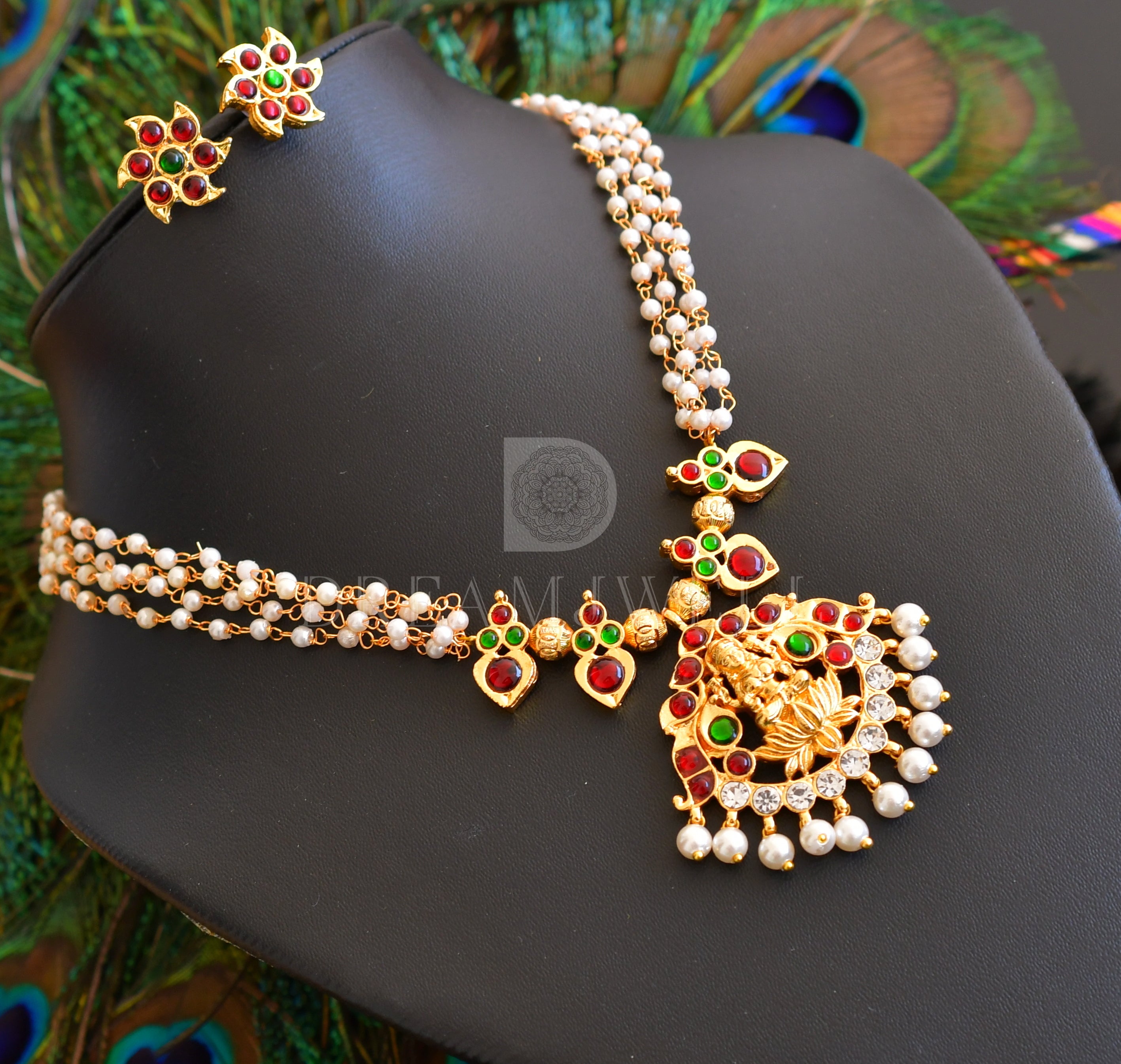 DREAMJWELL - Beautiful gold tone kemp-green pearl Lakshmi designer nec ...