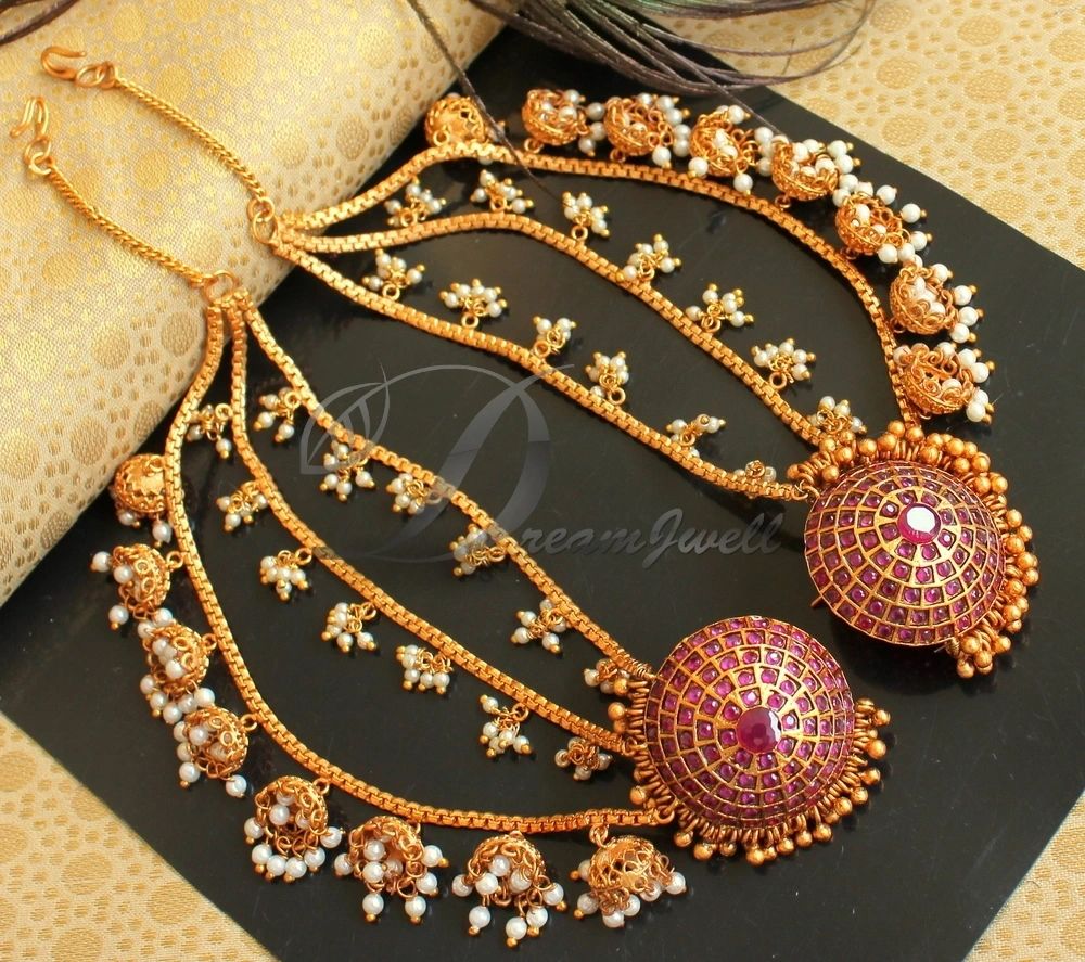 Ruby stone center with half flower design gunghru hanging set with bro –  Odara Jewellery