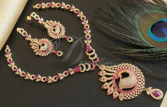 DREAMJWELL - Awesome Cz-ruby-emerald Bridal Peacock Necklace Set